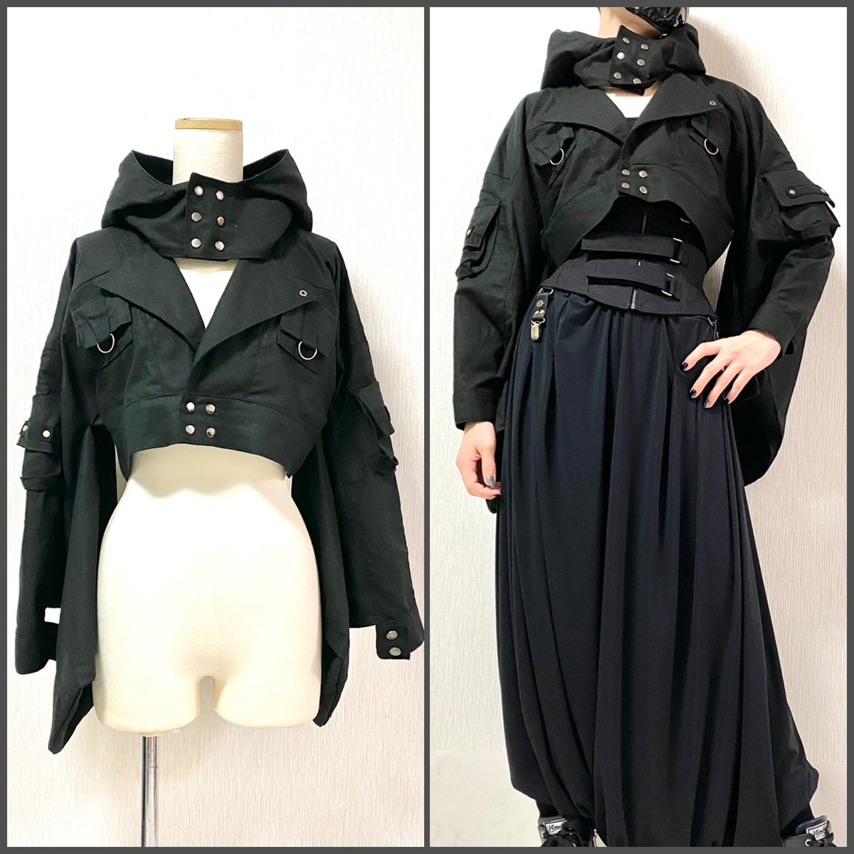 pananoise's tweet image. ライダース風襟のショート丈着物ジャケット
minne.com/items/40899802

大きなフードの首元は立ち襟風のデザイン、袖先にはカフスを付けています
立体ポケットで少しミリタリーな雰囲気も取り入れました
和装にも重ねられる造りです

#和装　#着物　#和洋折衷コーディネート