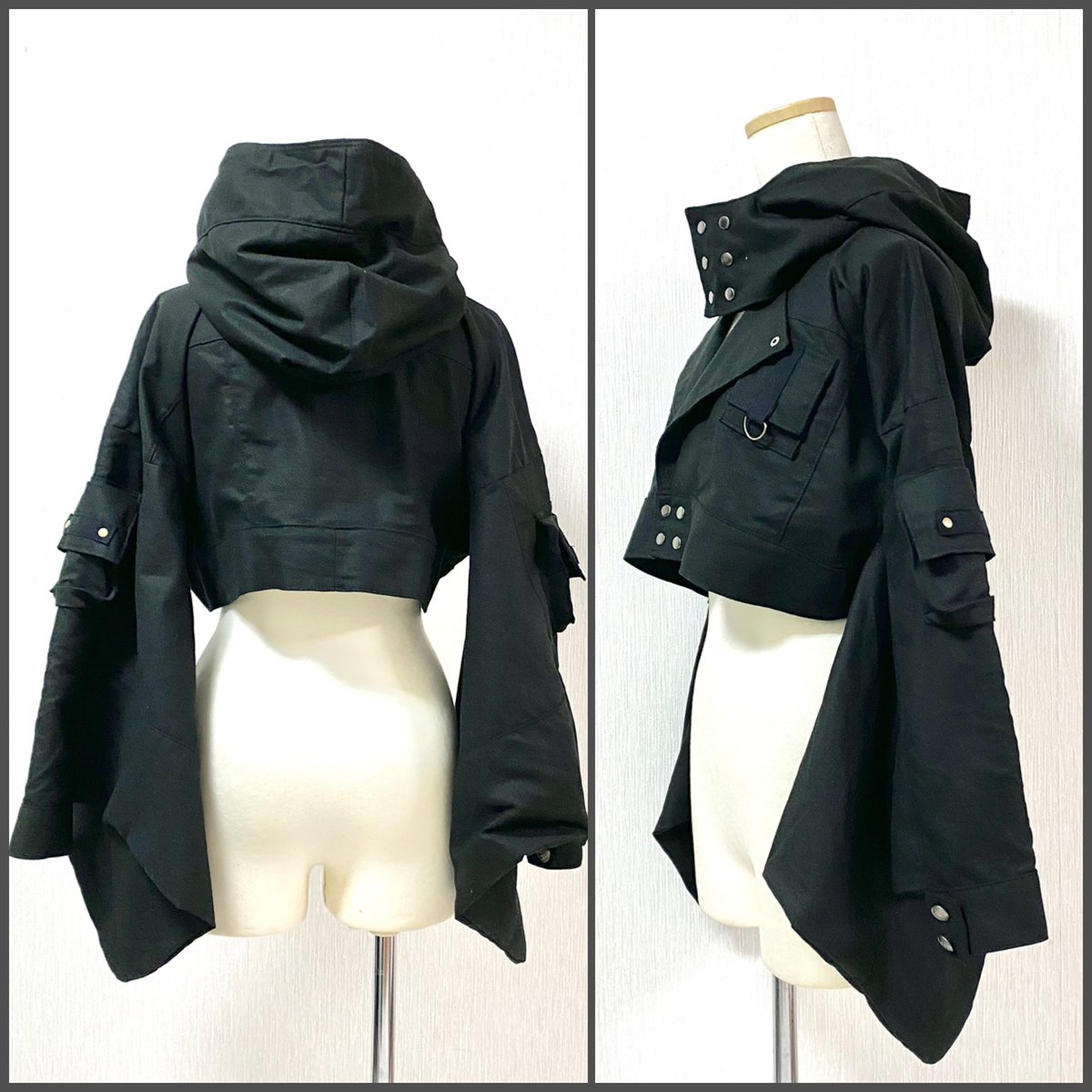 pananoise's tweet image. ライダース風襟のショート丈着物ジャケット
minne.com/items/40899802

大きなフードの首元は立ち襟風のデザイン、袖先にはカフスを付けています
立体ポケットで少しミリタリーな雰囲気も取り入れました
和装にも重ねられる造りです

#和装　#着物　#和洋折衷コーディネート