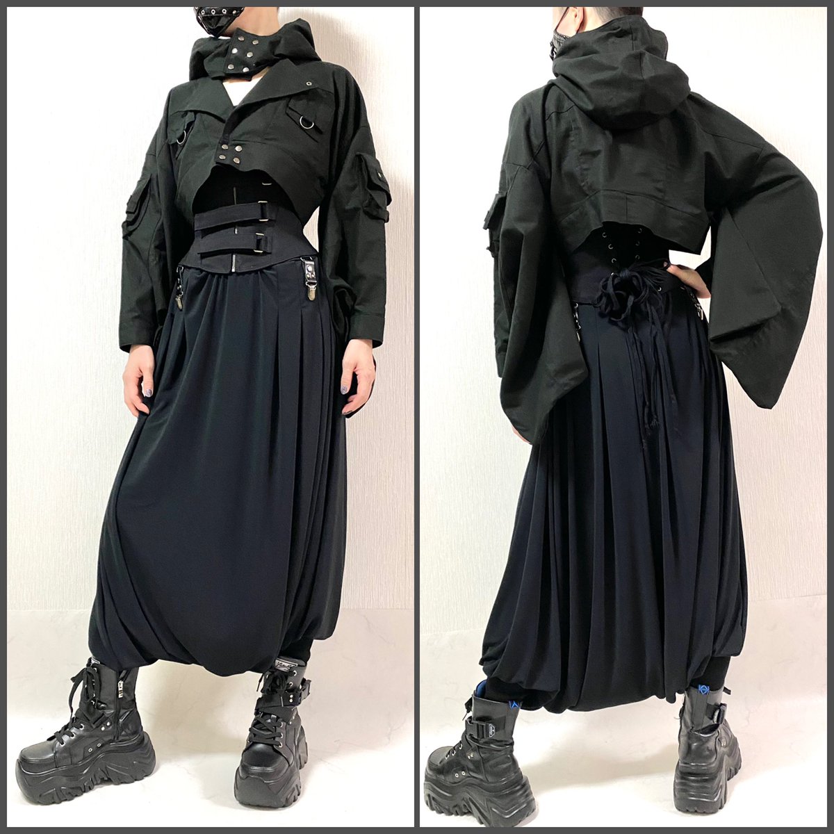 pananoise's tweet image. ライダース風襟のショート丈着物ジャケット
minne.com/items/40899802

大きなフードの首元は立ち襟風のデザイン、袖先にはカフスを付けています
立体ポケットで少しミリタリーな雰囲気も取り入れました
和装にも重ねられる造りです

#和装　#着物　#和洋折衷コーディネート