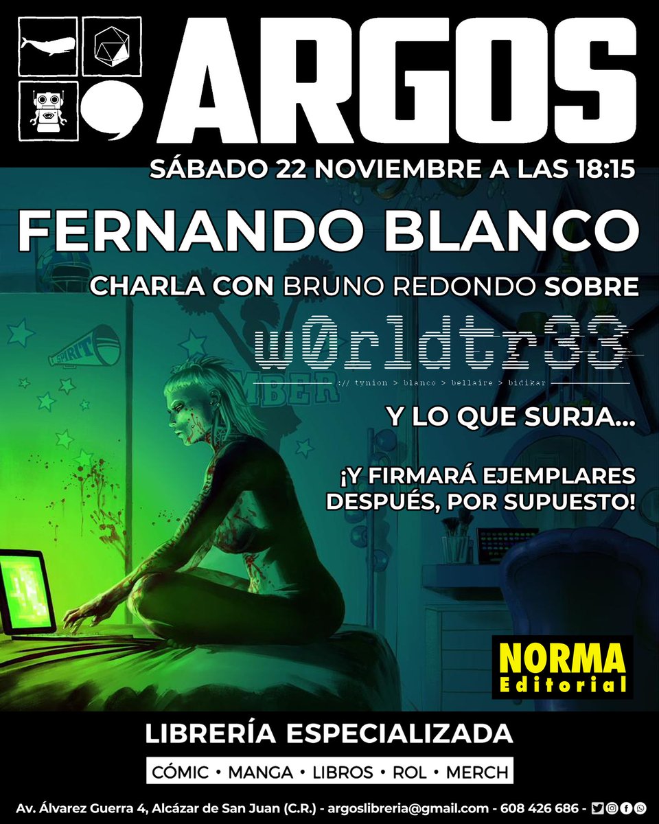 Que tenemos sarao importante! Este sábado hablaremos con Fernando Blanco de w0rldtr33, que es un cómic imprescindible en la balda. Charlaremos de eso y de lo que surja de cómics, o musicote, que también podría ser 😅🤗
Venirse, que contado pierde!

#argoslibreria #cómic  #comic