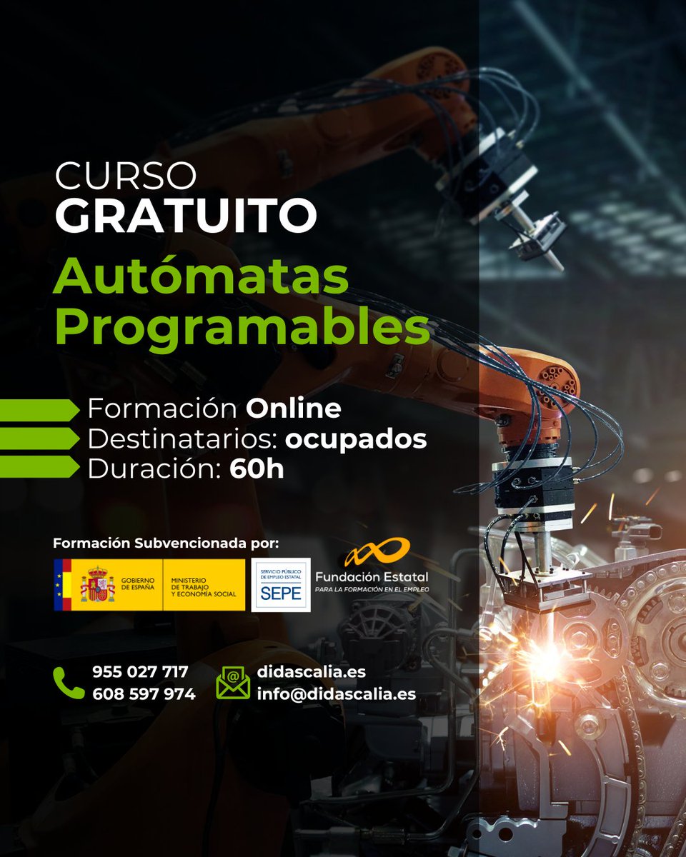 DidascaliaEG's tweet image. Subvencionado por @Fundae_es, te presentamos nuestro curso online de Autómatas Programables.

💸 100% gratuito
💻 100% online
👍 Con Certificado homologado

¡No dejes pasar esta gran oportunidad! 😁

#CursoGratis #Fundae #AutómatasProgramables