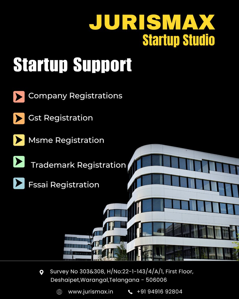 JurisMaxx's tweet photo. Startup support made easy with JURISMAX – Company, GST, MSME, Trademark &amp; FSSAI registrations in one place.

#Jurismax #StartupStudio #BusinessGrowth #GSTRegistration #MSMERegistration #FSSAIRegistration https://t.co/YoexHawq9f