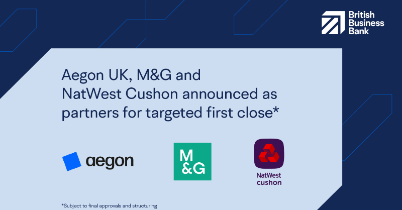 BritishBBank's tweet photo. We’re pleased to announce @AegonUK, @WeAreCushon and M&amp;G as the partners for our targeted £200m first close of the British Growth Partnership Fund I, following the completion of investment due diligence 🤝