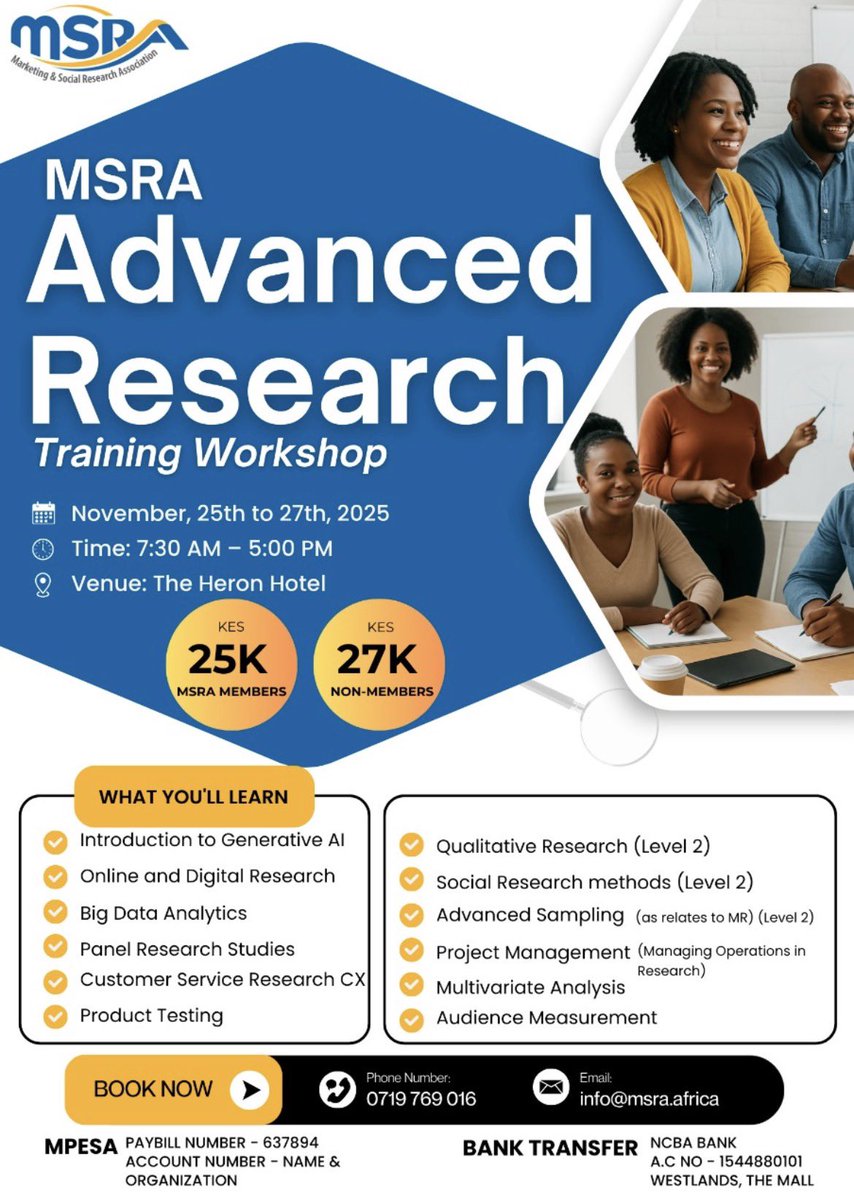 We’re officially 5 days away from diving deep into the world of advanced research.

Three days. Hands-on learning. Practical frameworks. Real industry insights.

Register / inquiries: 0719 769 016 or info@msra.africa

See you in 5 days.

#msra #researchkenya #training