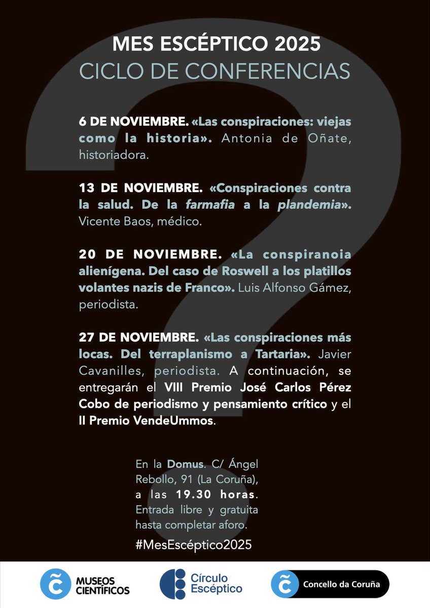 Esta tarde (19.30 h.) hablaré de ufología y conspiraciones en la Domus de La Coruña.

Mi charla «La conspiranoia alienígena. Del caso de Roswell a los platillos volantes nazis de Franco» forma parte del 'Mes escéptico' organizado por <a href="/cescept/">Círculo Escéptico</a>.