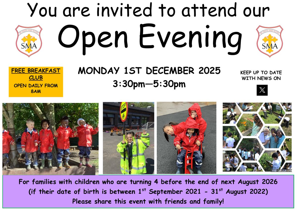 Families applying for Reception places for September 2026, you are invited to our Open Evening on Monday 1st December