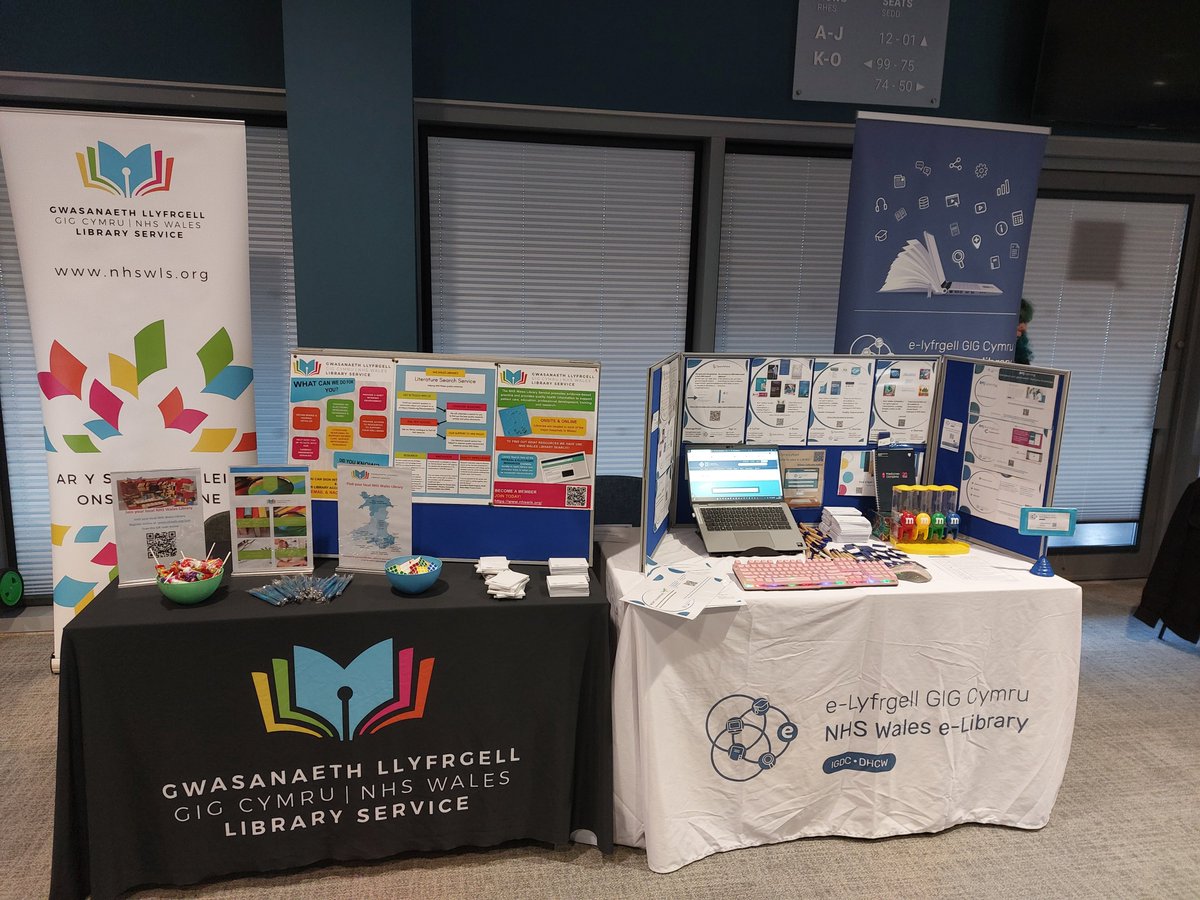 We're set up today at the Cardiff City Stadium for the #HEIW Medical Educational Leads Conference 2025 with the #NHSWales E-library team - come chat to us about library services and sign up if you're attending!