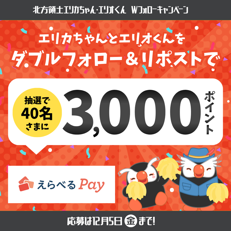 ＼Wフォロー＆リポストで当たる！／
北方領土エリカちゃん・エリオくんWフォローキャンペーン

えらべるPay 3,000ポイントが40名様に当たる！

応募はカンタン！✨
①<a href="/hoppou_erika/">北方領土エリカちゃん</a> をフォロー
②<a href="/hoppou_erio/">北方領土エリオくん</a> をフォロー
③この投稿をリポスト！

期間は12月5日(金)まで！
ご応募待ってるピィ♪