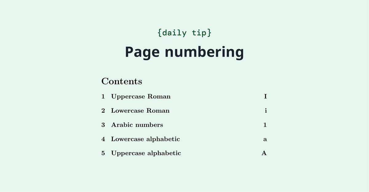 overleaf's tweet image. Page numbers in your document can have different styles (eg., using arabic or roman numerals), as well as particular locations (within headers or footers). Check out this article and learn how page numbers can be modified. overleaf.com/learn/latex/Pa…