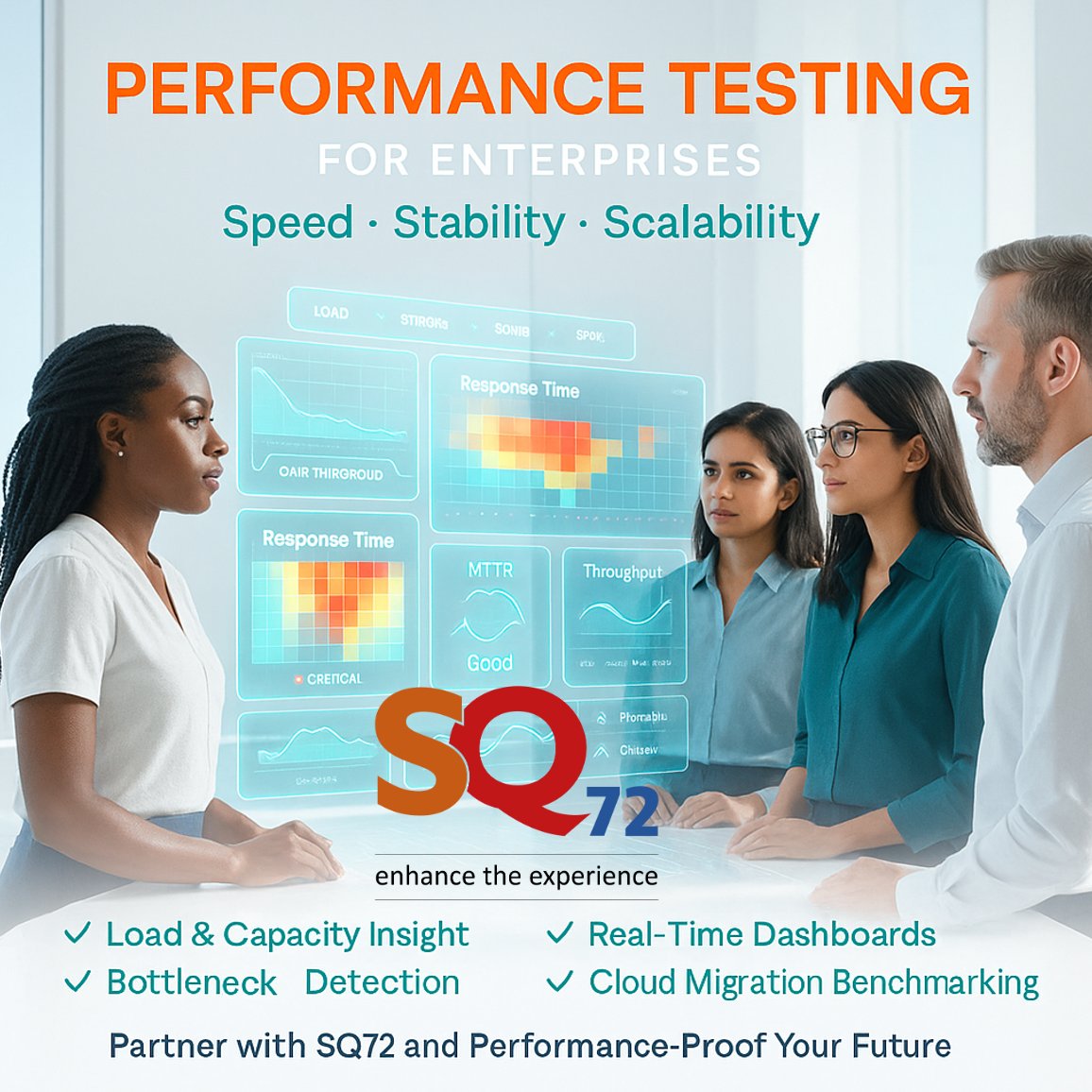 Sq72Academy's tweet image. Slow systems cost customers. SQ72 performance testing reveals bottlenecks, scalability limits, and cloud migration risks before they hit production. Lead with speed and stability. 🌐 sq72.co #SoftwarePerformancetesting #QualityEngineering #devopspractices