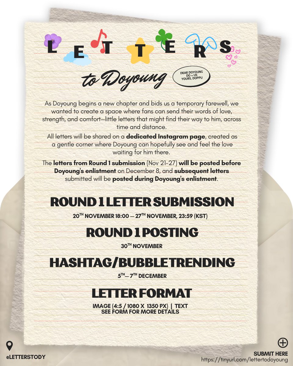 letterstody's tweet image. 💌 𝐋𝐞𝐭𝐭𝐞𝐫𝐬 𝐀𝐜𝐫𝐨𝐬𝐬 𝐓𝐢𝐦𝐞 𝐓𝐨 𝐃𝐨𝐲𝐨𝐮𝐧𝐠 💌

A space where you can send your words of love to Doyoung, across time and distance. 

Round 1 Letter Submission: Nov 20, 18:00PM — Nov 27, 23:59PM KST

📝tinyurl.com/lettertodoyoung

#도영 #DOYOUNG #LetterToDoyoung