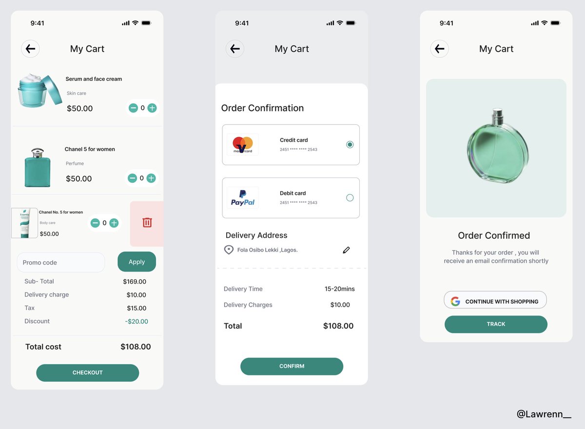 lawrenn___'s tweet image. Solved the checkout problem by structuring information in a way that reduces cognitive load. I used spacing, visual hierarchy, consistent components, clear feedback to help users confidently review, pay, and confirm their order.