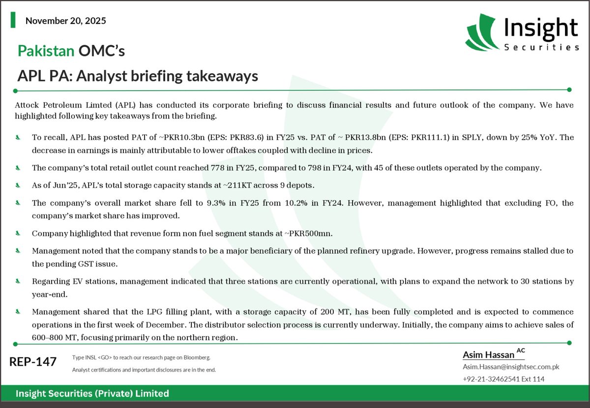 InsightSecurit4's tweet image. Pakistan OMC’s
APL PA: Analyst briefing takeaways 
#PakistanOMCs #APL #AttockPetroleum #InsightSecurities #MarketShare #KSE100 #KSE100index #PSX #PSXupdate