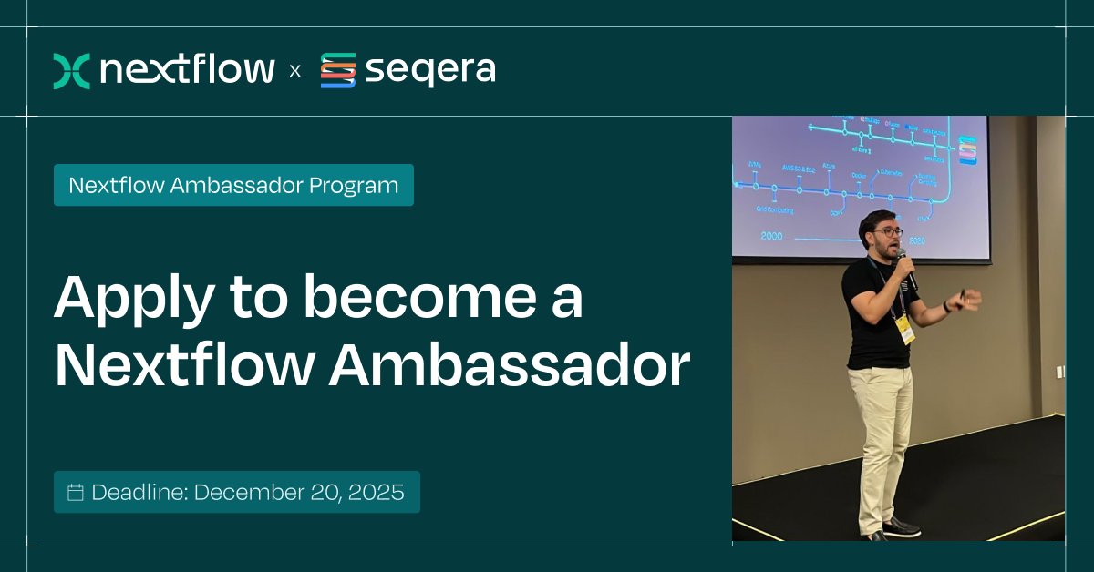 nextflowio's tweet image. Ready to take your involvement with the Nextflow community to the next level?⬆️ Apply to become a Nextflow Ambassador by Dec 20, 2025!🧵

📚 Learn more: hubs.la/Q03V9NFh0
🔗 Apply here: hubs.la/Q03V9NJX0

#Bioinformatics #DataScience