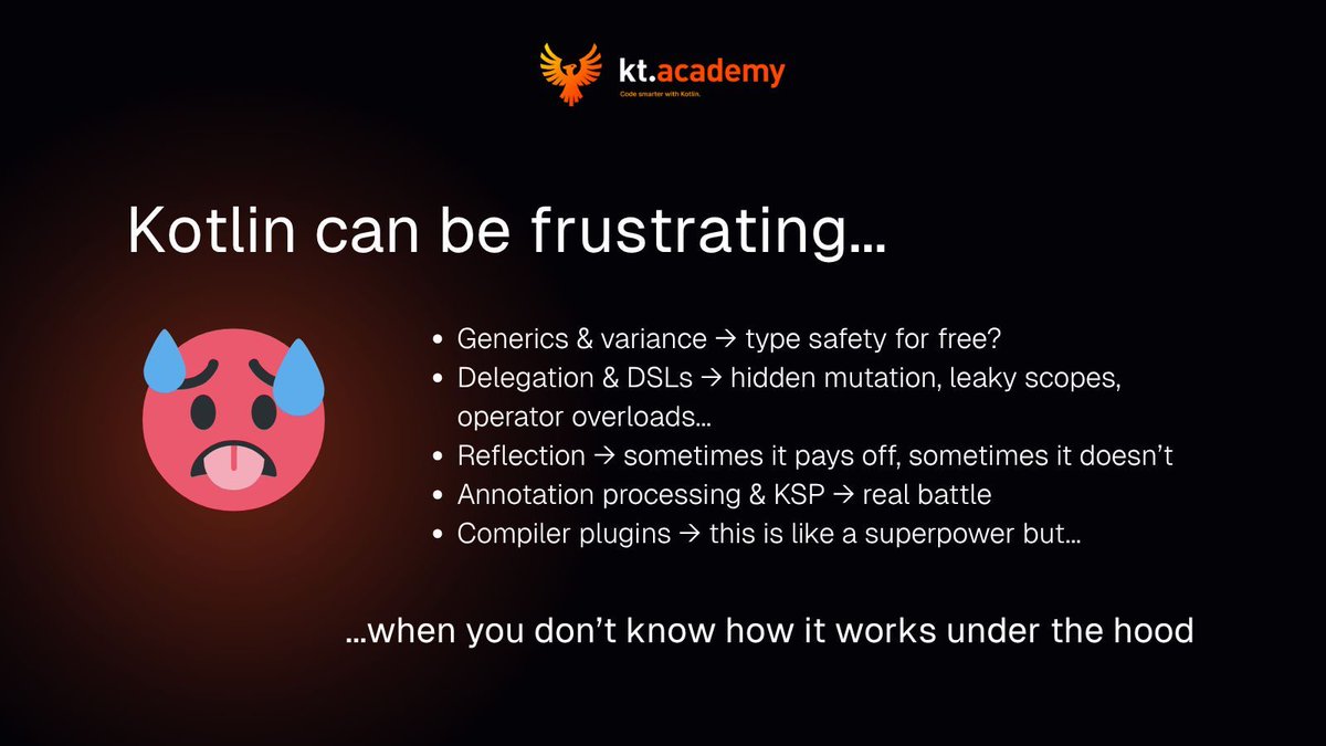 marcinmoskala's tweet image. Years of using Kotlin taught me, that understanding how things work is the greatest asset for a developer. Such a knowledge gives you solid understanding, opens another level of working with technologies, and opens horizons for making own tools. This is why I created Kotlin…