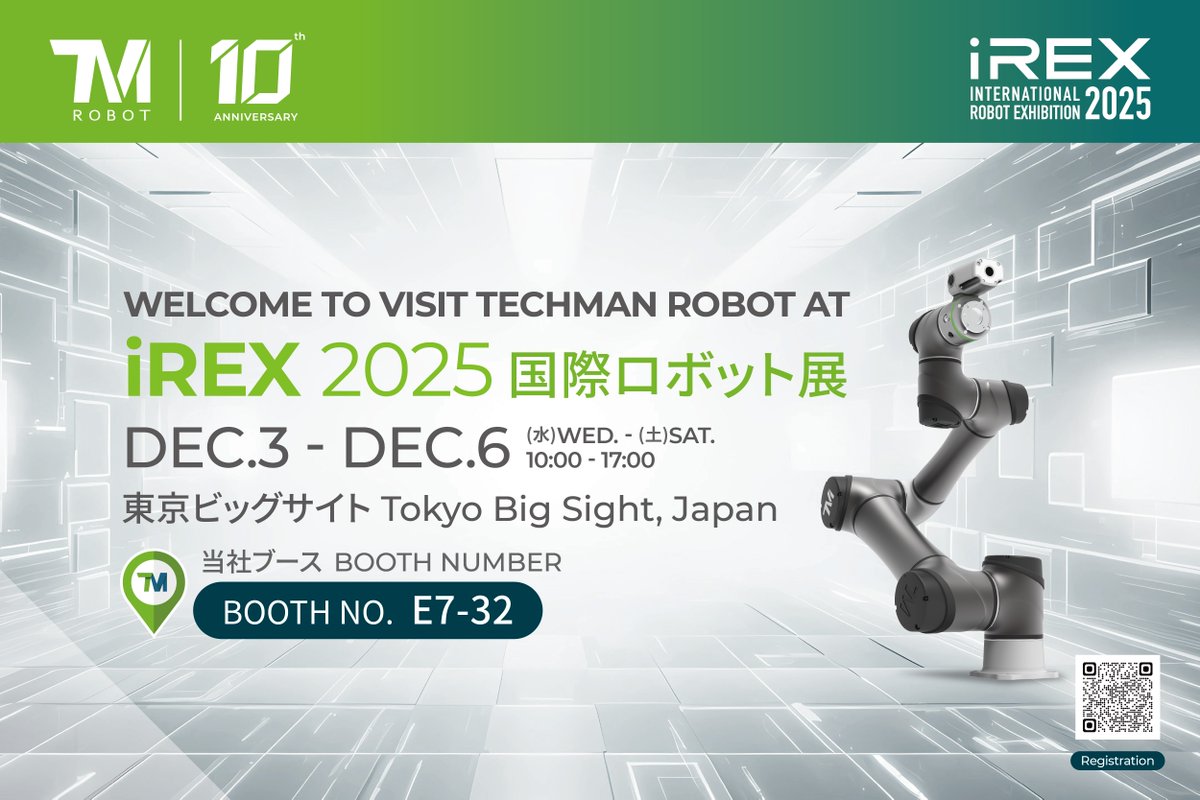 techmanrobot's tweet image. Innovation takes center stage at #iREX 2025 ⚙️
See how our AI-powered cobots learn, see, and work alongside people to make production smarter—and work safer.
#Tokyo #Robot #Robotics #TM #TMAICOBOT #TechmanRobot10Year