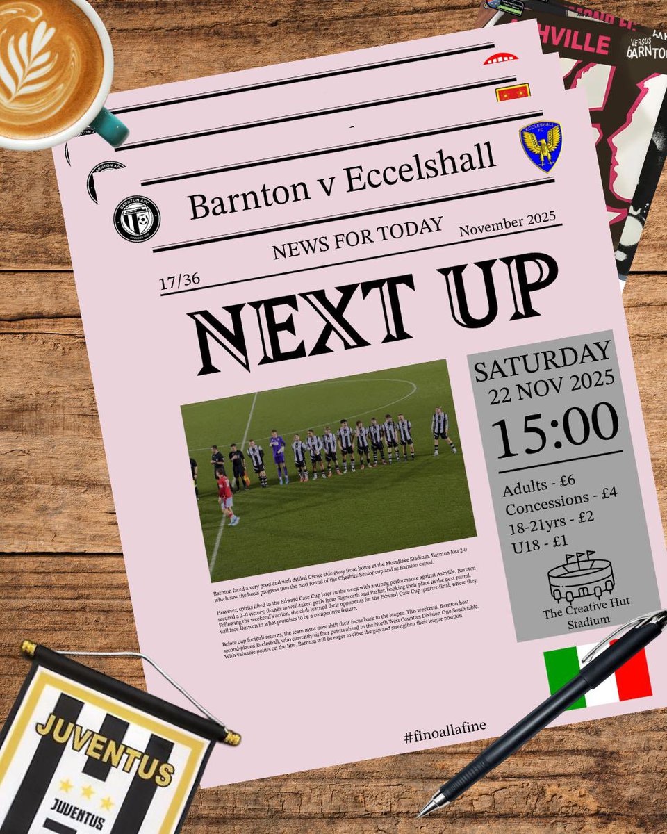 We’re back at 🏠 this Saturday ⚫️⚪️

📓 | Sat 22nd Nov (HOME)
🏆 | NWCFL D1S
🆚️ | <a href="/EccleshallFC/">Eccleshall FC</a> 
🕢 | 15:00 k/o
🏟️ | <a href="/CreativeHutEdu/">CreativeHUT</a> Stadium
📍 | CW8 4LH
💵 | Entrance £6 | Cons £4 | 18-21yrs £2 | U18 £1 | Junior Members/U5s Free

#UTV #Bianconeri #FinoAllaFine