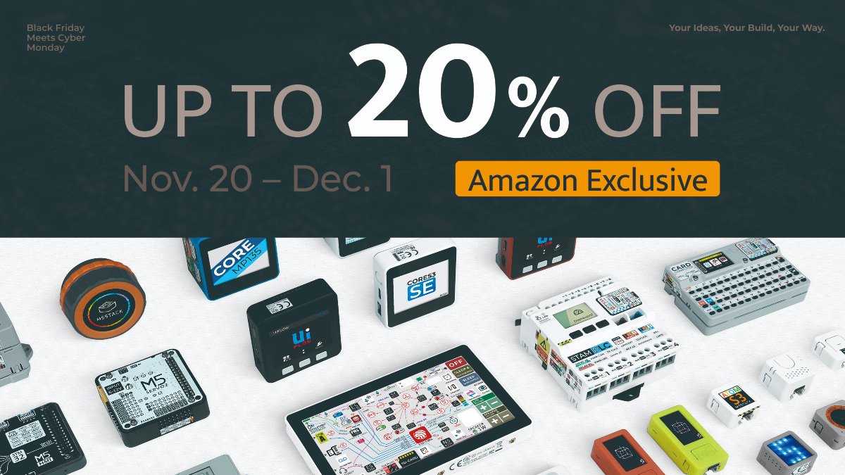 M5Stack's tweet image. ⚡ M5Stack Black Friday &amp;amp; Cyber Monday SALE! ⚡
🎉 Up to 20% OFF our best-selling kits and controllers — only on Amazon!

📅 Start Date :11/20/2025 12:00 AM PST
📅 End Date: 12/1/2025 11:59 PM PST
💡 Perfect time to start your next IoT or STEM project.

🛒 Shop on Amazon now:…