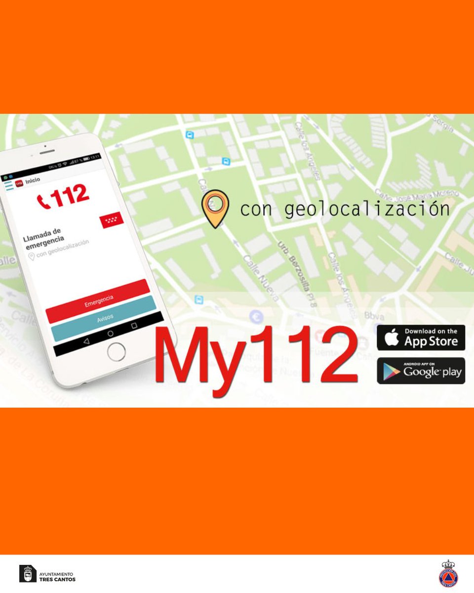 ¿Conoces la App 112?

La puedes descargar desde la Play Store o desde la App Store.

Sirve para comunicar una emergencia geolocalizando el incidente y facilitando al 112 su llegada. 

#proteccioncivil #seguridad #trescantos 
<a href="/ayto3cantos/">Ayuntamiento Tres Cantos</a> @jmorenogarcia3c