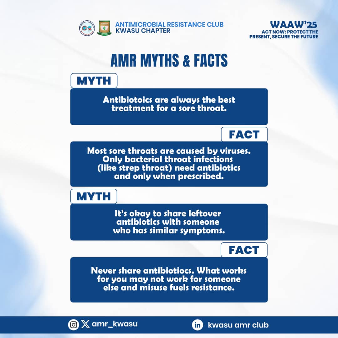 Not every illness needs antibiotics and misuse fuels resistance.
Let’s learn the facts and break the myths for a healthier 
#WAAW2025
#KWASUWAAWWeek25
#AMRAwareness
#FightAMR
#SaveLives
#HealthForAll
#SDG3
#OneHealth
#Protectthefuture