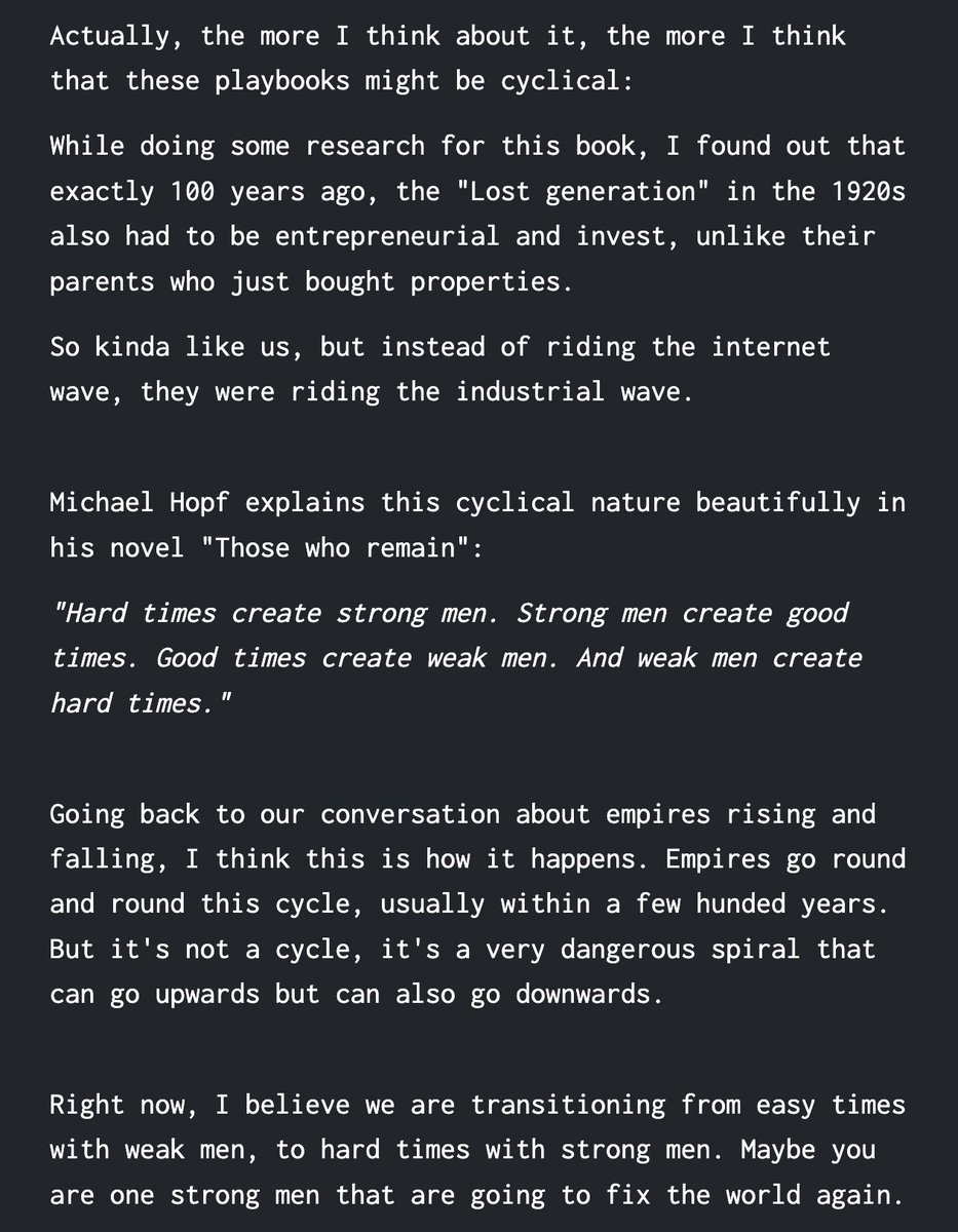 完全同意。

我认为这是一个循环往复的过程，历史上已经多次发生过类似的对话。

我为上一本书做研究时，确实对此有了更深刻的理解。