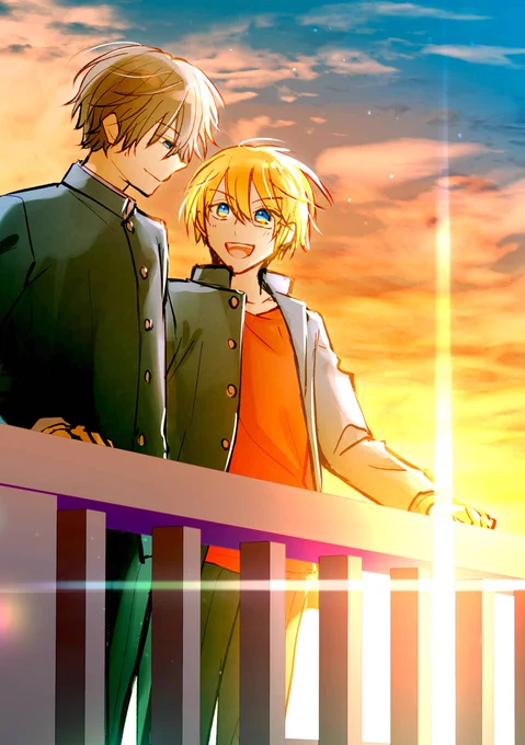 今日は茜瞬の表紙ラフ(左)とボツラフのひとつ(右) #創作BL 左のは友瞬と同じような雰囲気を目指したやつで、右のは青春っぽいのを目指したやつ(アオが最初に告白した場所) とにかくタイトル『茜色に染まる瞬間』の由来の「夕方」と「赤面」のどっちかは外せない!と思いました