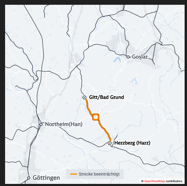 #RB46 #RegioNDS Aufgrund eines Baumes im Gleis im Raum #Herzberg (Harz) kommt es auf der Strecke zu Verspätungen und (Teil-) Ausfällen. Bitte prüfen Sie vor Abfahrt Ihre Reiseverbindung.