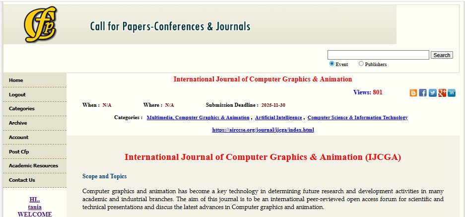 JeneeferAlsher's tweet image. International Journal of Computer Graphics &amp;amp; Animation (IJCGA) - EBSCO, ERA indexed 
ISSN : 2231 - 3281(Online) ; 2231 - 3591 (print)
airccse.org/journal/ijcga/…
Submission Deadline : November 30, 2025 
Contact us: ijcga@aircconline.com 
#computergraphics #animation
