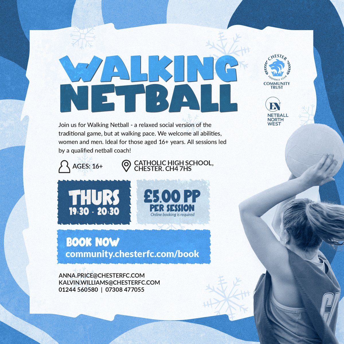 CFC_CommTrust's tweet image. Join us for Walking Netball on Thursdays - a relaxed, social version of the game suitable for everyone! 🏐🚶‍♀️

Our indoor sessions take place at Catholic High School and new players of all ages, abilities and fitness levels are welcome.

📱 Message us for more information or click…