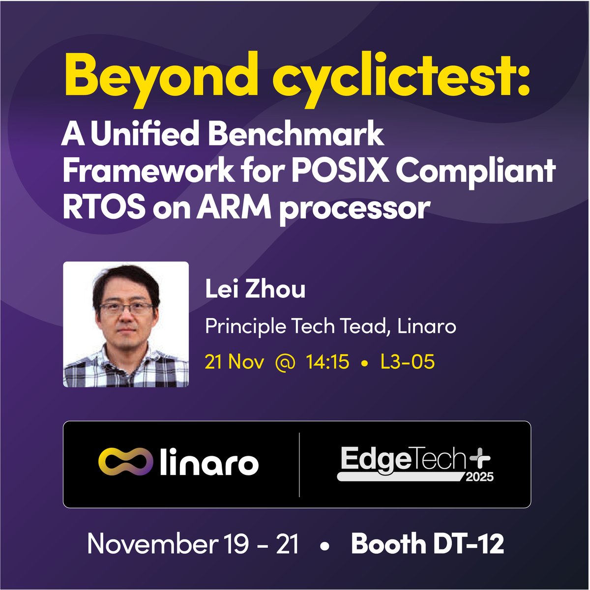 LinaroOrg's tweet image. Tomorrow we’ll have Lei Zhou presenting “Beyond Cyclictest: A Unified Benchmark Framework for POSIX-Compliant RTOS on Arm Processors”.

Join the conversation tomorrow to know more (📍L3-05)
#EdgeTech2025 #Linaro #AutomotiveInnovation #OpenSource #ArmEcosystem