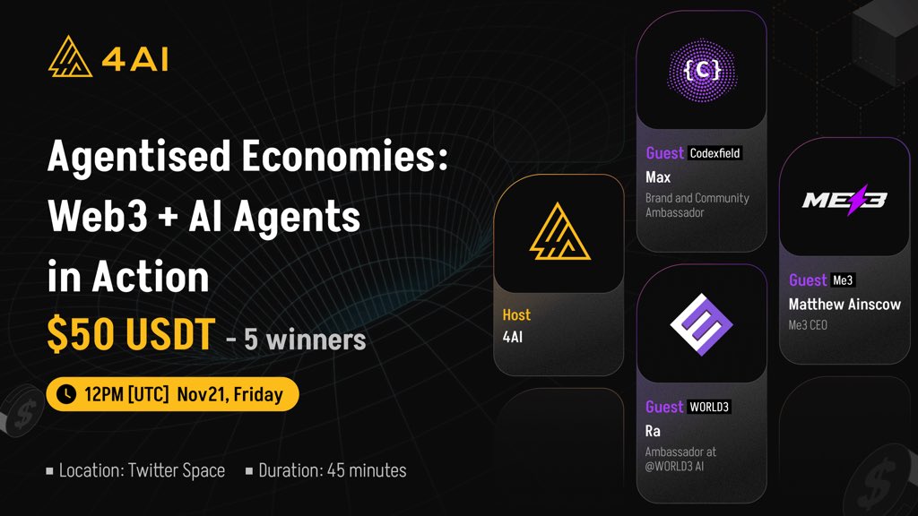 4aibsc's tweet image. 🧠 4AI Roundtable AMA
Agentised Economies: Web3 + AI Agents in Action

⏰ Time: 12PM UTC — 21st November 2025
🏛 Venue: 

🎁 Rewards: $50 USDT - 5 winners

🏆 How to Win:
1️⃣ Follow @4aibsc and all guest projects
2️⃣ ❤️ + 🔁 this post &amp;amp; drop your EVM address…