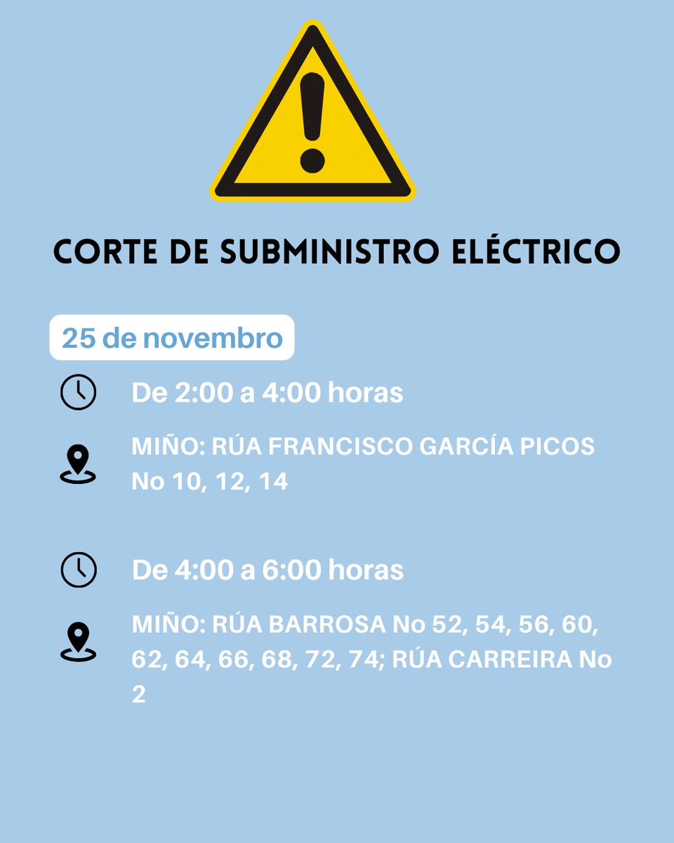📣 Aviso importante!

💡 UFD Naturgy informa de posibles cortes eléctricos desde o martes, 25 de novembro, ata o venres, día 28.