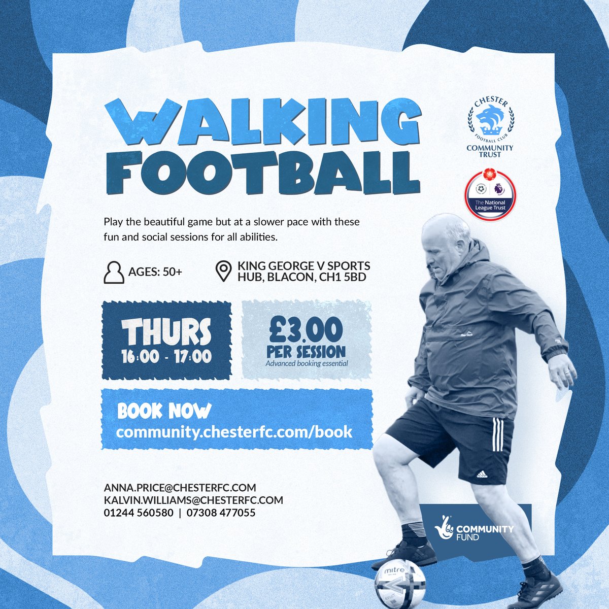CFC_CommTrust's tweet image. Thursday is Walking Football day! ⚽🚶‍♀️

With no running, heading, and reduced physical contact, Walking Football is a fun and safe way to enjoy the beautiful game.

We have weekly sessions for men and women, with new members of all abilities, fitness levels and experience…