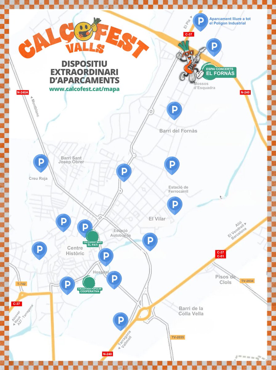 Vine al Calçofest i aparca sense problemes! 🚗

📍 Valls activa un dispositiu extraordinari amb altres zones d'estacionament que faciliten l’accés al centre i als espais d’activitat.

ℹ️ calcofest.cat/mapa/