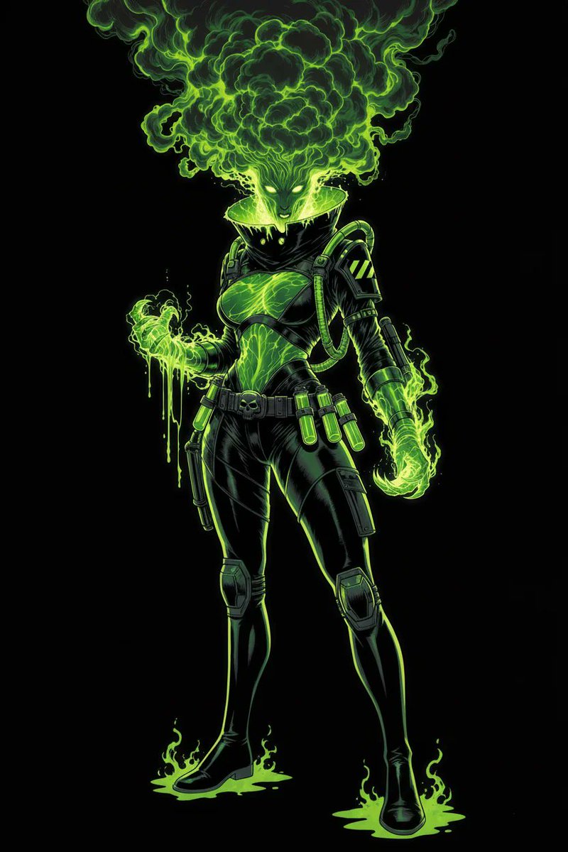 Basic204's tweet image. Dr. Valeria Nox was going to save the world with science.  
A lab explosion turned her into Toxica living poison in a containment suit.  
One kiss melted her fiancé’s face.  
Now she’s making the planet as toxic as she is.  
#Toxica #SuperVillain