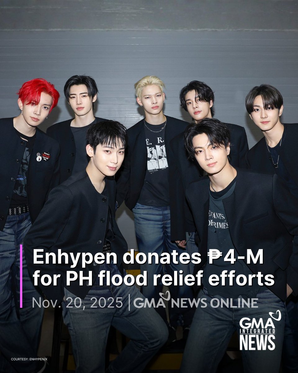 gmanews's tweet image. THANK YOU, ENHYPEN! 🧡🥺

K-pop boy group Enhypen and its agency Belift Labs donated KR100 million (around P4 million) to aid the Philippines following the impacts of back-to-back typhoons in the country.

READ:
gmanetwork.com/news/showbiz/c…