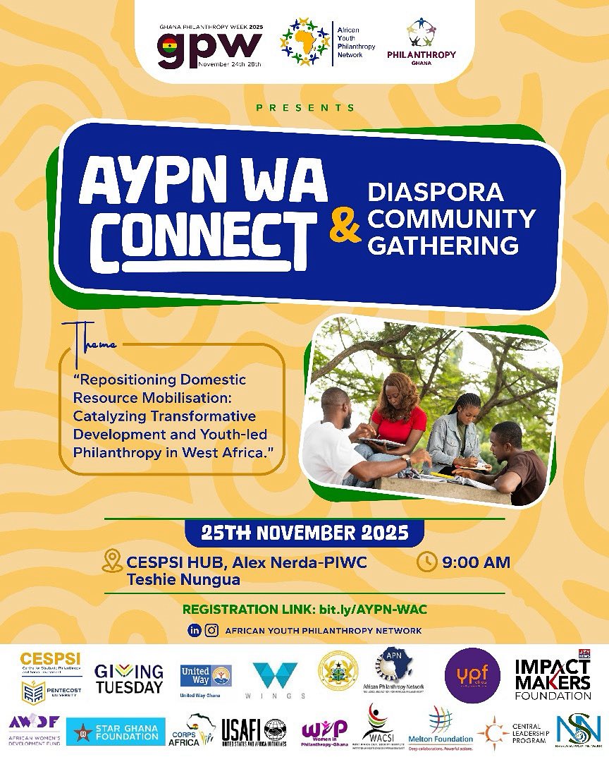 ypf_africa's tweet photo. We are thrilled to share that Youth Pioneering a Future Africa is officially co-coordinating the AYPN WA Diaspora Gathering
Be part of this powerful collaboration and register today!
🔗 https://t.co/kgap9kzJAz
#AYPN #YPF #GhanaPhilanthropyWeek #WAC https://t.co/sheWXHNdON