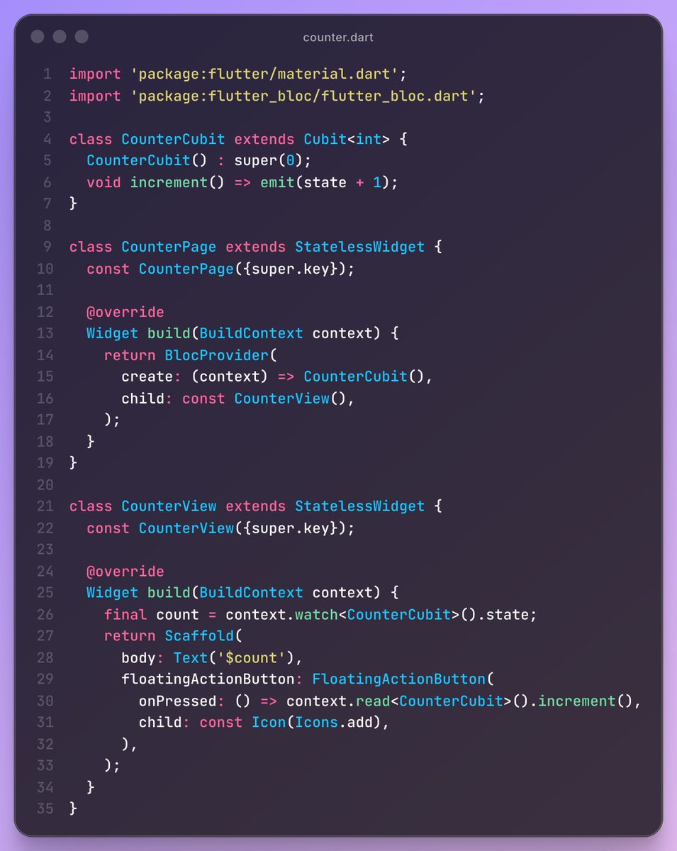felangelov's tweet image. Flutter + Bloc in 35 lines 👇

✅ decoupled UI and logic
🧪 highly testable
⚡️ reactive without subscriptions
🏙️ scalable
👀 predictable
🔍 observable
✨ simple
🛡️ safe
💙 noninvasive

Get Started ↓
bloclibrary.dev