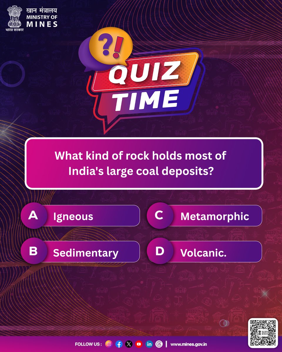 MinesMinIndia's tweet image. Coal holds stories from millions of years ago.
But do you know which type of rock preserves these ancient secrets?

Drop your answers below and stay tuned for surprises!
The first three people to answer correctly will win exciting rewards!

#IITF2025 #IndiaInternationalTradeFair…