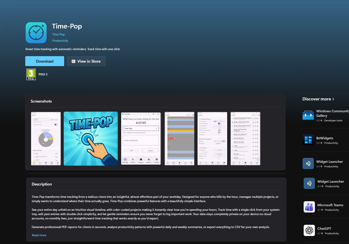CAStenman's tweet image. Time-Pop, is App of The Day on myAppFree t.ly/qLL-v      #Windows11 #myAppFree #TimeTracking #Productivity