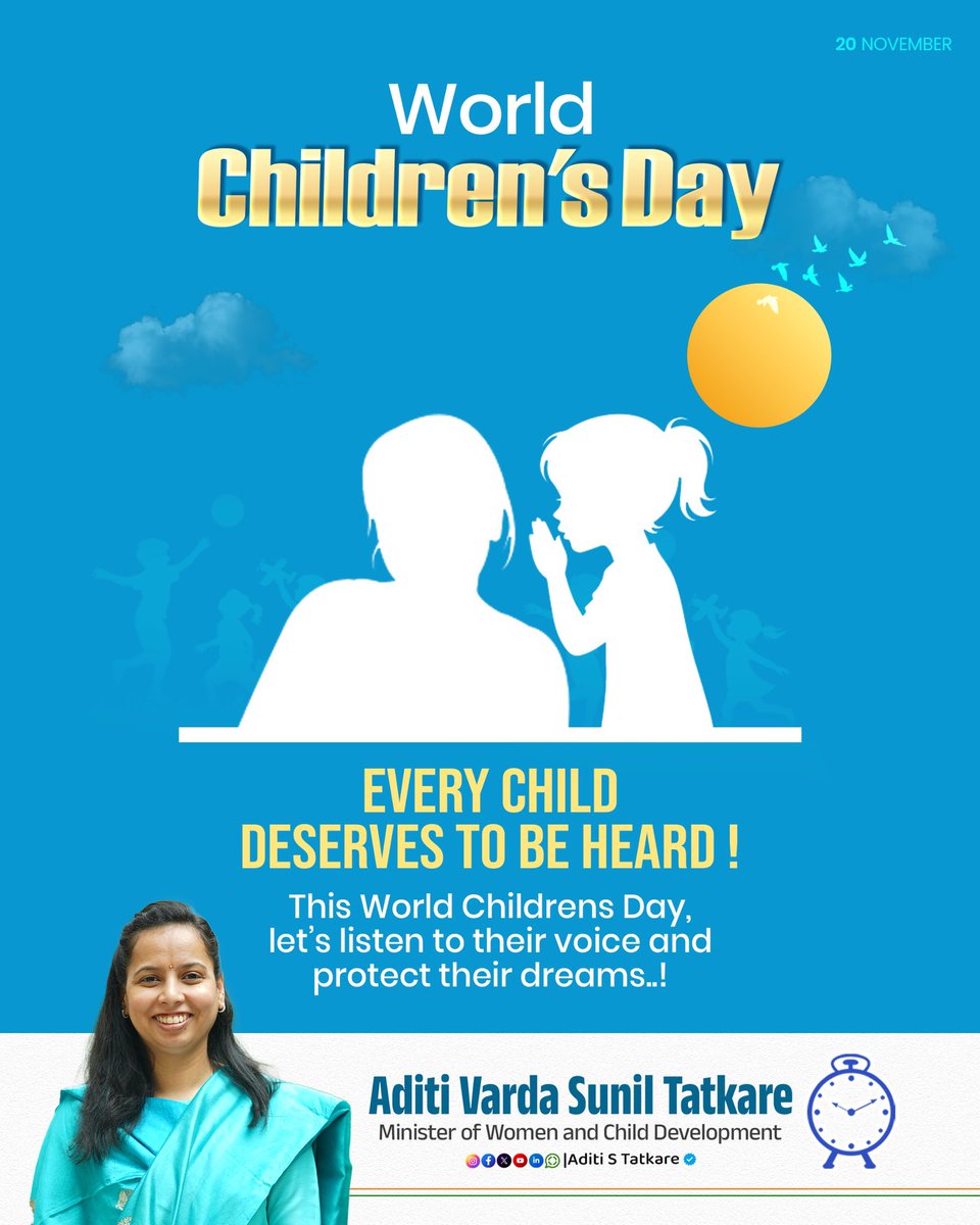 iAditiTatkare's tweet image. On #WorldChildrensDay we celebrate the incredible potential of every child and renew our commitment to securing their rights.

This year&apos;s theme, The child in Me: My Promise to Children, resonates deeply. It calls upon us, as decision-makers and citizens, to reconnect with our…