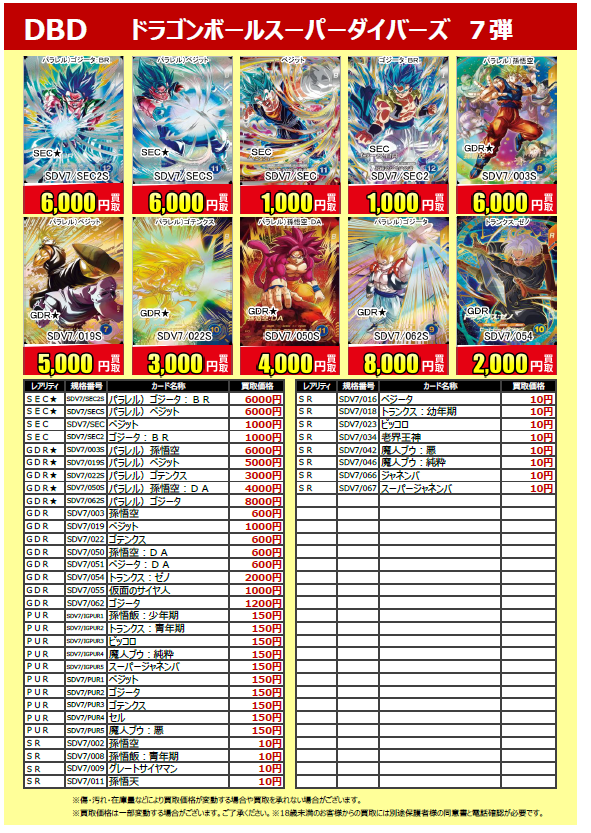 買取情報】 #ドラゴンボールスーパーダイバーズ 7弾 の買取価格を更新