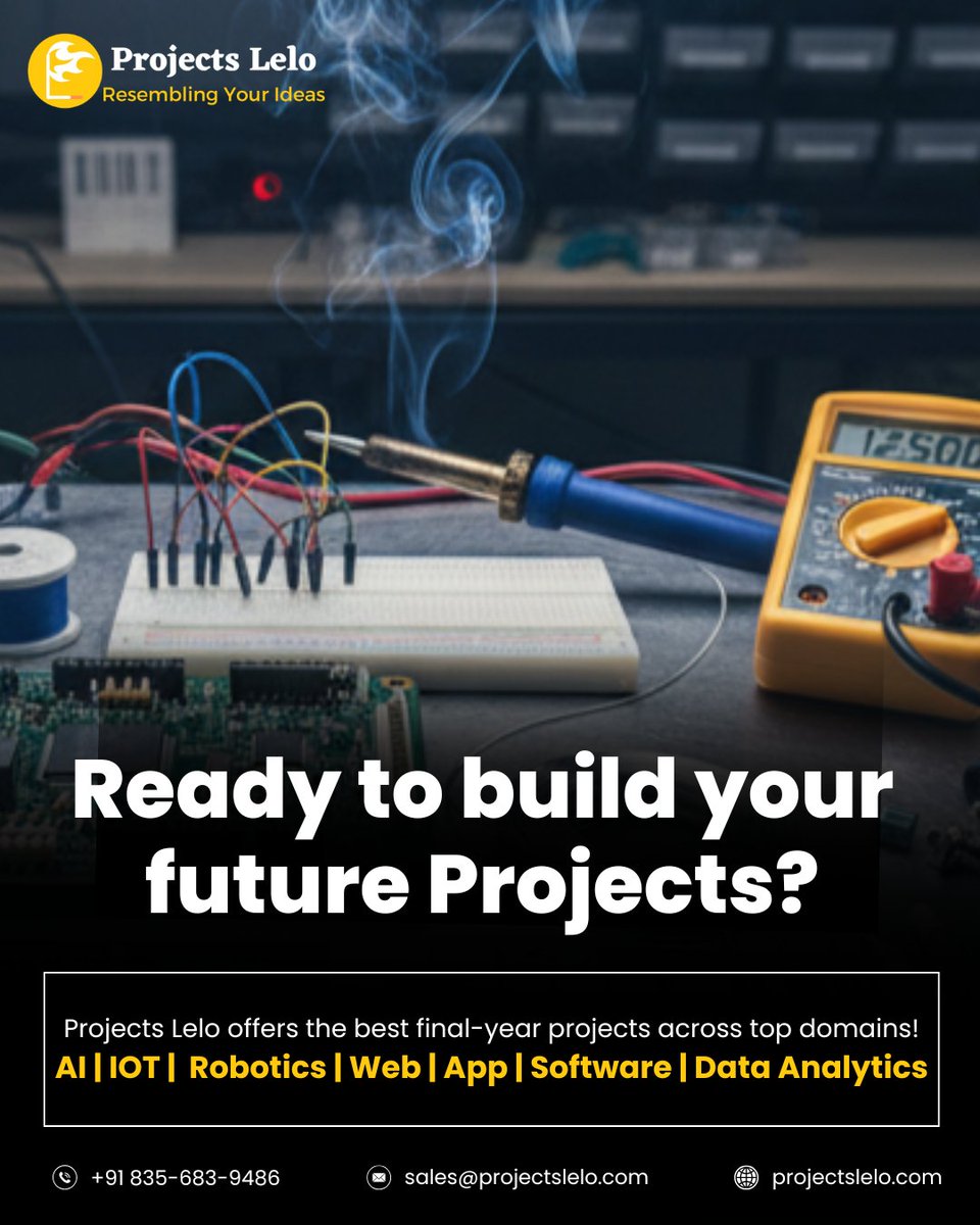 ProjectsLelo's tweet image. AI, IoT, Robotics, Web, App, Software, Data Analytic — build it all with Projects Lelo🚀

📞wa.me/918356839486
📩sales@projectslelo.com
🌐projectslelo.com

#FinalYearProject #ReadyMadeProject #EngineeringProject #MiniProject #BTechProject #DiplomaProject #ProjectsLelo