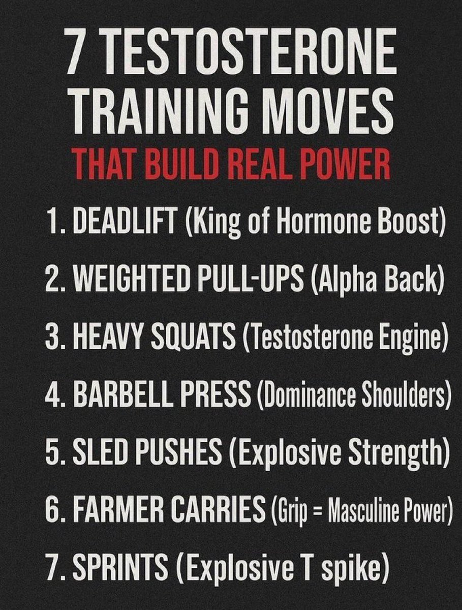 7 Testosterone Training Moves That Build Real Power

1. Deadlift (King of Hormone Boost)
2. Weighted Pull-ups (Alpha Back)
3. Heavy Squats (Testosterone Engine)
4. Barbell Press (Dominance Shoulders)
5. Sled Pushes (Explosive Strength)
6. Farmer Carries (Grip = Masculine Power)