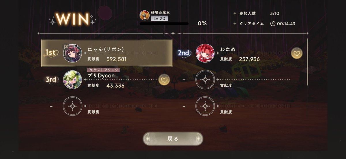 nyan_mddr's tweet image. 久々お砂ありがとうございます🥹🙏
自分の立ち回りもポンコツでこれだったけど70万はいけそう😸
まーたクリティカル次第ですわん😇