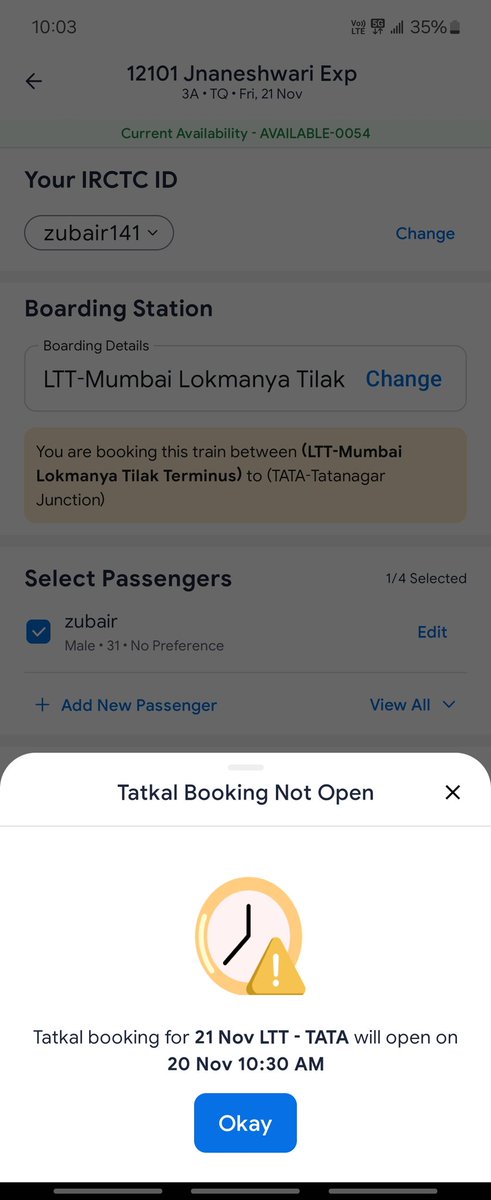 zbrjack's tweet photo. booking logic immediately. This is unacceptable QA/development.
​#ixigo #TatkalBooking #IndianRailways #BugReport https://t.co/DWssImxCTB