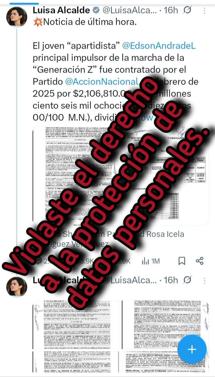 Jolisourire21's tweet image. Gravísimo‼️ Luisa Alcalde obtuvo datos personales gracias al puesto de su hermana, fiscal de la CDMX, para exhibir y criminalizar a un ciudadano.
Violaron la Constitución: Art. 6º, 14, 16, 20 y 113.
Hay que denunciarlo Exponer datos personales es un delito!!
#NarcoGobiernoMorena