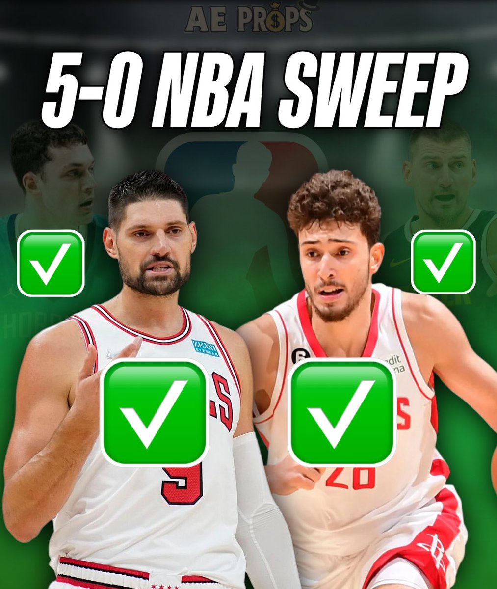 THAT’S A 5-0 SWEEP 😮‍💨❇️

💰$25 Giveaway to a RANDOM LIKE 🧹

(Must be FOLLOWING to Enter)

✅ Alperen Sengun O 29.5 Points + Assists (Prize Picks)
- ✅ O 6.5 Assists (-125 DK)

✅ Nikola Vucevic O 15.5 Points
(-125 FD)

✅ Nikola Jokic O 26.5 1H PRA
(Prize Picks)

✅ Ryan