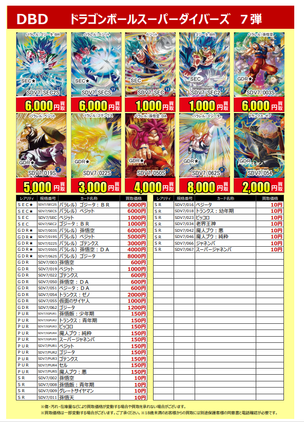 ドラゴンボールスーパーダイバーズ 7弾の買取表です 何枚でもお待ちし