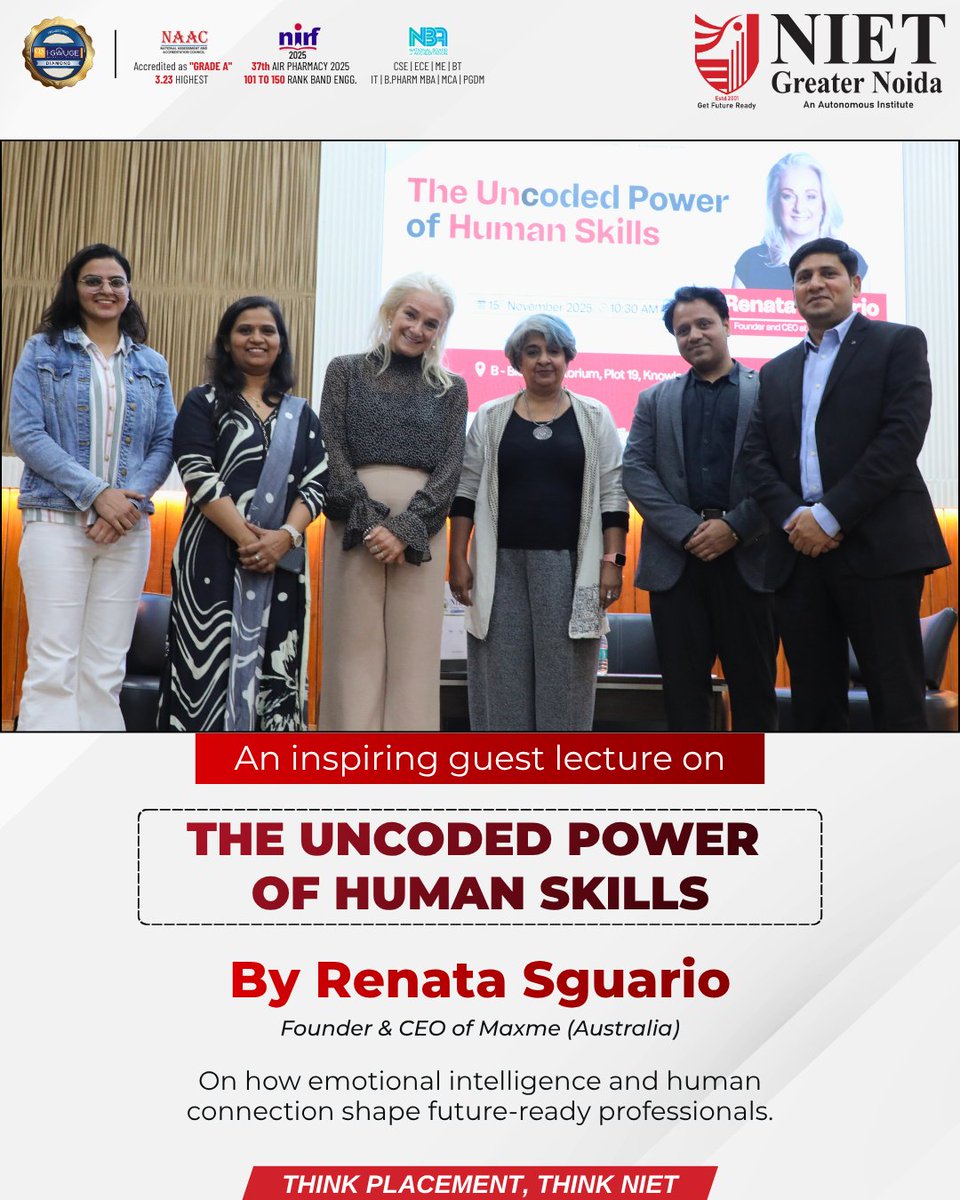 niet_grnoida's tweet image. NIET hosted an inspiring session on “The Uncoded Power of Human Skills” by Renata Sguario, Founder &amp;amp; CEO of Maxme (Australia). The session highlighted the growing importance of emotional intelligence, empathy, &amp;amp; nhuman connection in today’s tech-driven world
#NIET #GlobalLearning